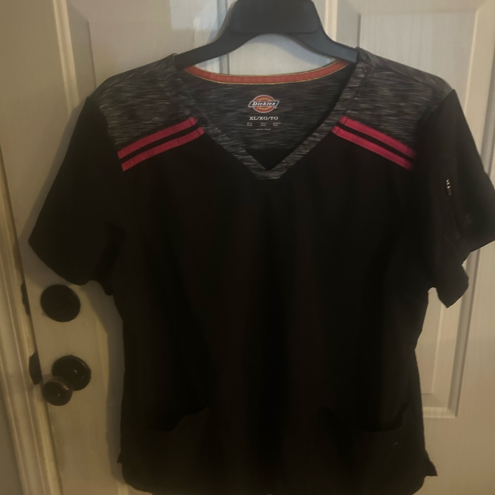 Dickies Black V-Neck Scrub Top with Pink Shoulder Stripes